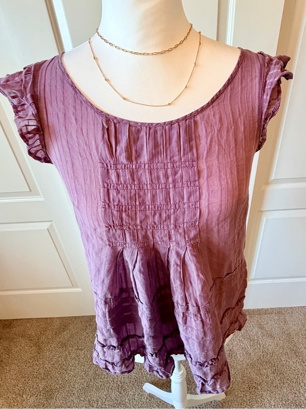 Mango Mauve Ruffle-Sleeve Pintuck Tunic